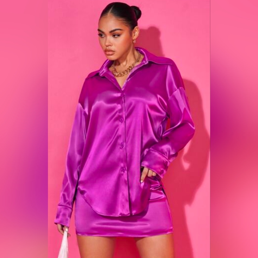 Drop Shoulder Fuchsia Shirt & BodyconSatin Skirt- Size Small